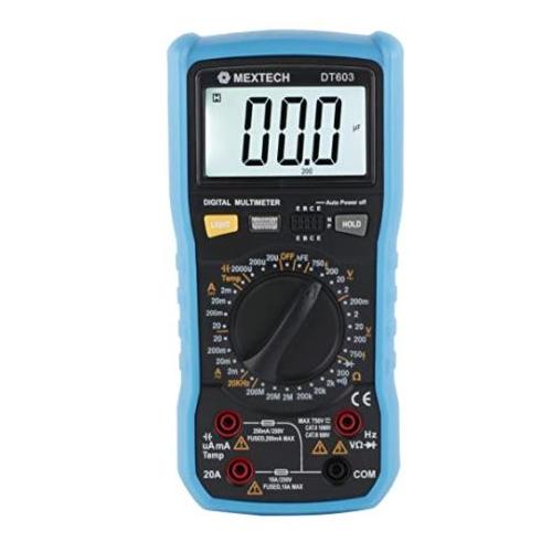 Mextech Digital Multimeter  DT603 (3 Digit 6000 Counts True RMS 750V AC  Voltage, 1000V DC voltage, 10A AC/DC Current,  100mF Capacitance, 10mHZ Frequency, 60M  Resistance, -20 To 1000Â°C Temperature,?  NCV, Countinuity & Diode Test, Hold Function, )