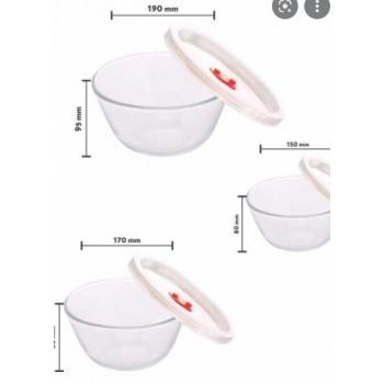 Borosil Bowl  IH22MBN6913EC With White Lid, Mixing Borosillicate  500ml, 900ml, 1300ml Pack of 3