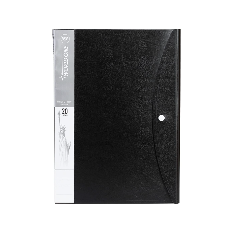WORLDONE Leathrite Cover Display Book with 20 Inside Pocket with Name Card  and Zipper Closure,(with Blue Strip), Set of 1, Size: FC, Color: Black :  : Office Products