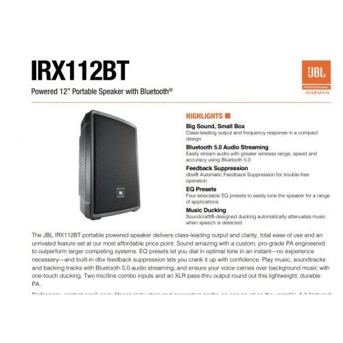 JBL Loudspeaker With Bluetooth IRX112BT Powered 12-INCH Portable PA