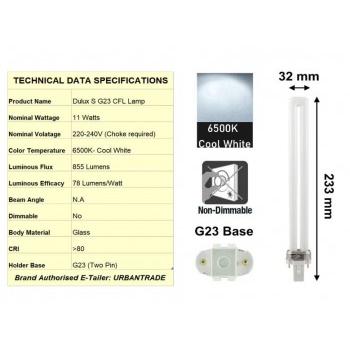 Osram Ledvance Fluorescent PL Lamp 11 Watt, Dulux S G23 Two Pin, Cool White 6500K