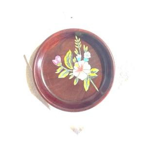 Wooden Platter Round Acacia Wood 13X13X3 Cm Natural Finish Hand Painted With Flower Design