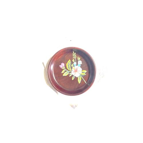 Wooden Platter Round Acacia Wood 13X13X3 Cm Natural Finish Hand Painted With Flower Design