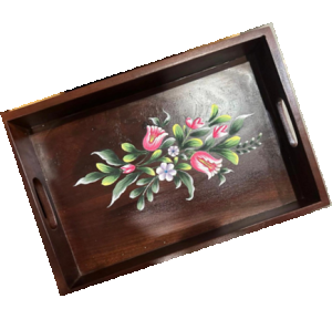 Wooden Tray 36X26X5 cm Mango Wood Walnut & Hand Painted With Flower Design