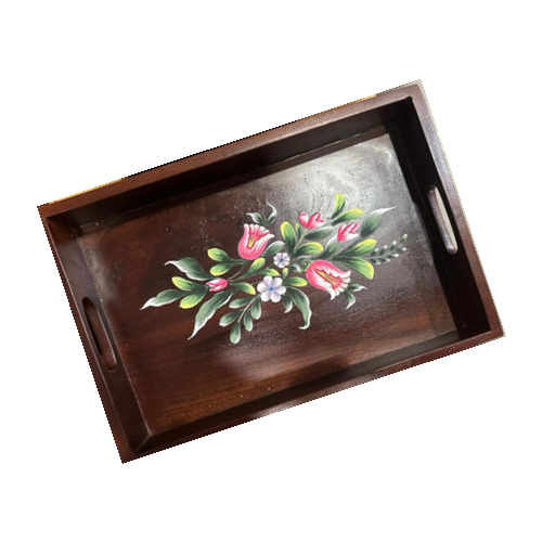 Wooden Tray 36X26X5 cm Mango Wood Walnut & Hand Painted With Flower Design