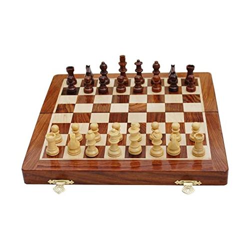 Wooden Handcrafted Foldable Magnetic Chess Board Set With Magnetic Pieces and Extra Queen 12x12 Inch, Brown