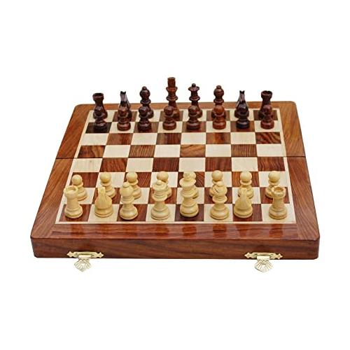Wooden Handcrafted Foldable Magnetic Chess Board Set With Magnetic Pieces and Extra Queen 12x12 Inch Brown