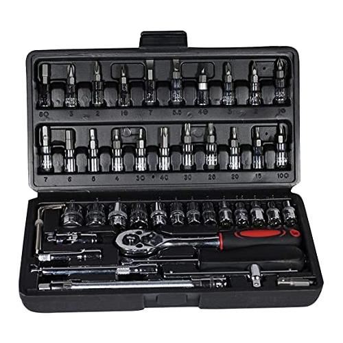 46PCS 1/4 inch Drive Socket Set,Metric Ratchet Wrench Set with 4-14mm CR-V Sockets,S2 Bits,Extension Bars,Mechanic Tool Kits for Household Auto Repair