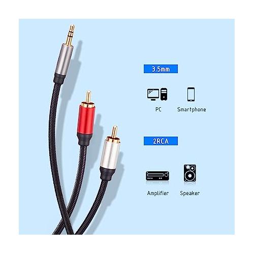 Male Stereo Audio Adapter Cable RCA Cable 6Ft, 3.5mm Nylon Braided