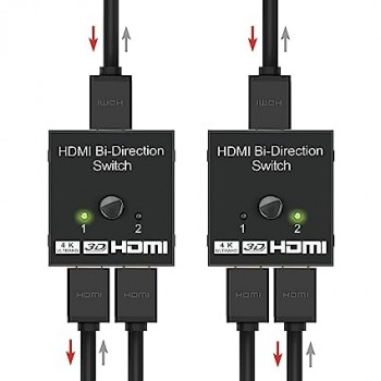 HDMI Switch Splitter 2 Port Bi-Directional Manual HDMI Switchr 1 Input 2 Output Splitter Supports 4K Full HD 1080p
