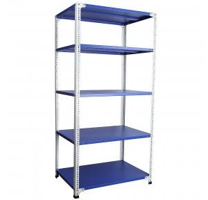 Slotted Angle Racks (Powder Coated) Size :-D-24”X W-36”XH-84” Having-5 level and shelves hold capacity 60Kg, Thickness :-Shelves–20gauge, Angles–14gauge, Color–Blue