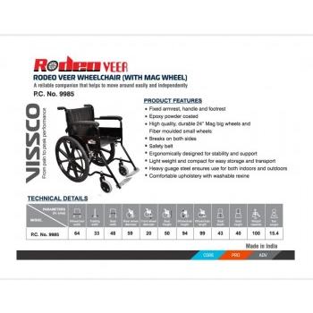 Vissco Wheel Chair 9985 Rodeo Veer Mag With Fixed Handle & Swimmable Footrest, Weight Capacity 100kg ( 90 x 4.1 x 98.5 Centimeters)