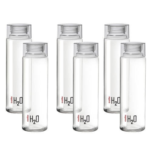 Cello Transparent Glass Fridge Water Bottle H2O with Clear Plastic Cap, 920 Ml (Pack of 6 Pcs)