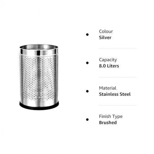 Eurotech Perforated Round Dustbin Stainless Steel 202 8x12 Inch Capacity 7 Ltr