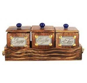 Wooden Tea Coffee Sugar Container Set with Tray Dimension: 12 X 3.5 X 6 Inch