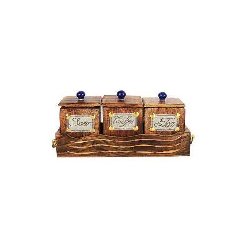 Wooden Tea Coffee Sugar Container Set with Tray Dimension: 12 X 3.5 X 6 Inch