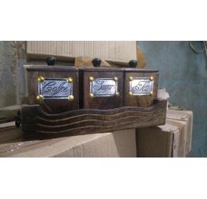 Wooden Tea Coffee Sugar Container Set with Tray Dimension: 12 X 3.5 X 6 Inch