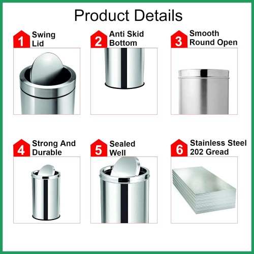 Swing Dustbin With Removable Lid Round Shape 0.4 mm Thickness SS202 9.5 Ltr 8x12 Inch