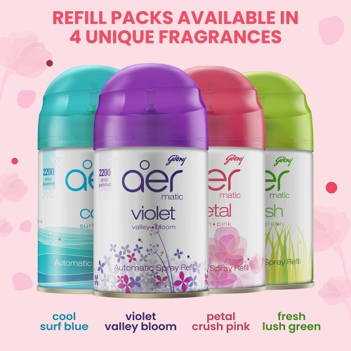 Godrej Aer Matic Air Freshener Refill 225ml (Cool Surf Blue/Fresh Lush Green/Violet Valley Bloom/Petal Crush Pink)