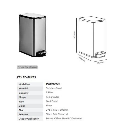 Dolphy Premium SS Dustbin 8 Ltr Size: 295x162x302mm Type Foot Pedal