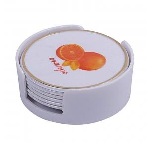 Kuber Industries Plastic Tea Coaster Orange Design With Stand White Pack of 6