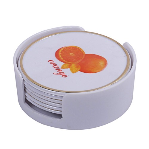 Kuber Industries Plastic Tea Coaster Orange Design With Stand White Pack of 6