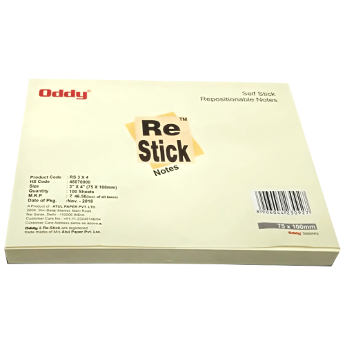 Oddy Selfstick Repositionable Note Pads(Yellow)  RSN3x4 Size: 3x4inch 100 sheets