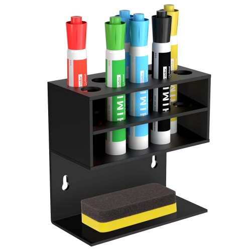 Whiteboard Marker Holder Stand Wall Mounted Black Acrylic Dry Erase With 10 Marker Slots and Eraser Holder Size 15x9x18 CM Thickness 4 MM