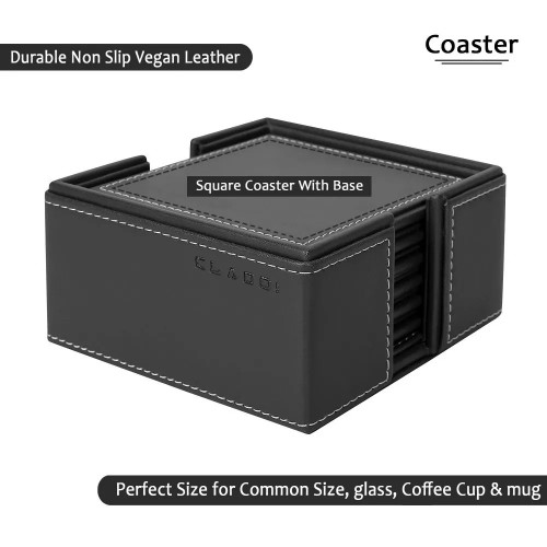 Cladd Square Leather Coaster Black Premium Leatherette Material Water and Dust Resistant Dimension: 4x4 Inch