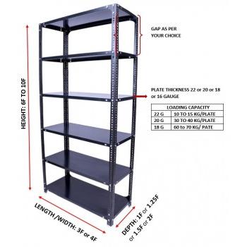 MS Slotted Angle Rack 4 Compartments 5 Shelves Size 115x36x14 Inch Angle 14 Gauge Shelf 18 Gauge Color Grey Weight Capacity 400 Kg Approx Each Rack Power Coated