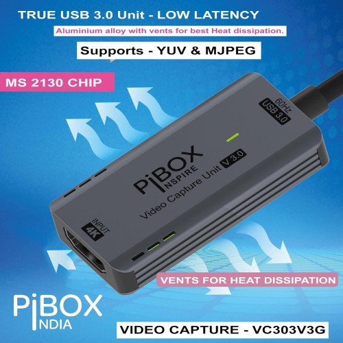 Pibox India HDMI to USB Convertor 4K 3.0 MJPEG YUV Game Capture Device Aluminium Windows Android Mac,HD 1080P 60fps