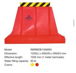 Nilkamal Safety Barricade RMRBDB1306850 1325(L) x 600(W) x 850(H) MM Effective Length 1200mm (1 Meter Barricade) Water Filling Capacity 50 Ltr Color Red and Yellow