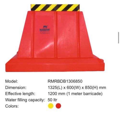 Nilkamal Safety Barricade RMRBDB1306850 1325(L) x 600(W) x 850(H) MM Effective Length 1200mm (1 Meter Barricade) Water Filling Capacity 50 Ltr Color Red and Yellow