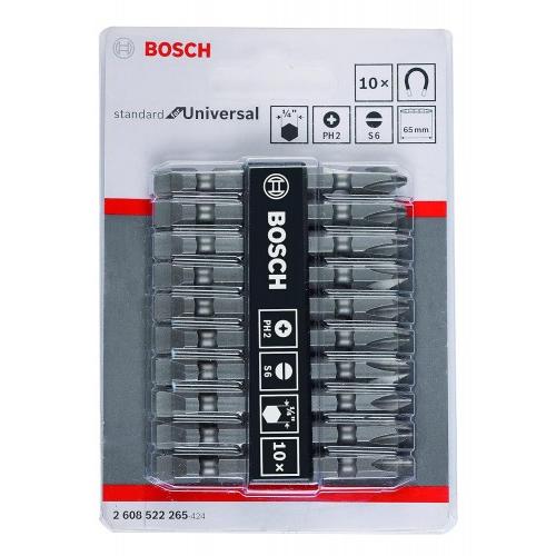 Bosch Double Ended Screwdriver Bits 260852265 Professional Extra Hard Type Ph2-Sl Length 65 MM Grey Pack of 10