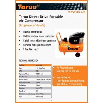 Taruu Portable Air Compressor TR-0301/50 Tank Volume 50 Ltrs, 2 HP Single Phase Motor, RPM 2800, Operating Voltage: 210-240V With 10 Mtr Hose Pipe, Tyre Inflator and Pressure Meter