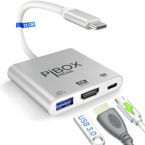 Pibox India USB C Hub 3-in-1 HDMI Adapter 4K@30Hz 100W PD Charging USB 3.0 Port Type C to HDMI Multiport Dongle