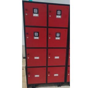 MS Heavy Duty CRCA Fabricated Power Coated 8 Compartment Staff Locker 20/22 Gauge Each Compartment Size 18x18x18 Inch Light Red & Black Color Combination With Cam Lock Type