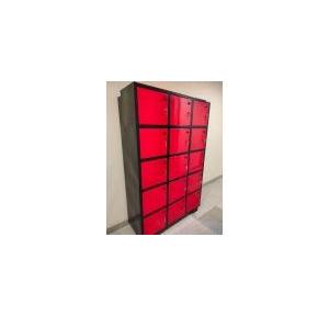 Staff Locker MS Heavy Duty CRCA Fabricated Power Coated 15 Compartment 20/22 Gauge Each Compartment Size 12x12 Inch Red & Black Color Combination With Cam Lock Name Sticker Type Locker Dimension H65 X W40 X D18 Inch