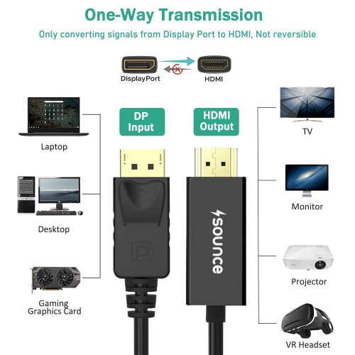 Sounce DisplayPort to HDMI Cable Uni-Directional UHD DP to HDMI Audio & Video Display Cable Black 1.8 Meter 1080p@60Hz