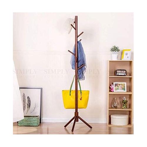 Star Work Wooden Coat Rack Stand With Tripod Base and 8 Hooks (Dark Brown Cherry)