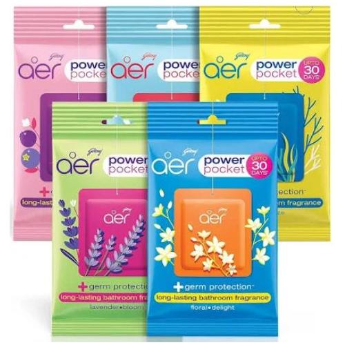 Godrej Bathroom Fragrance Air Power Pocket 10 Gram (Floral Delight, Berry Rush, Sea Breeze, Fresh Blossom, Lavender Bloom)
