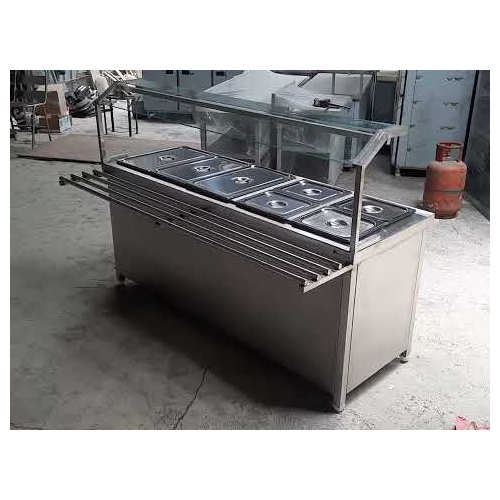Bain Marie Food Service Counter L84xW26xH34 Inch +36 inch Canopy Height 6 GNPANs  3 Side Body with Plate Slider & Wheels Top SS304