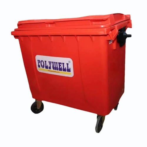 PolyWell Dustbin PW1100 Four Wheeled Color Red Plastic 1100 Ltr L136 X W106 X H137 CM