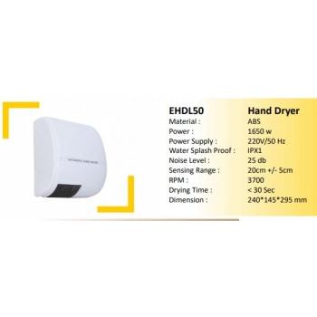 Eclectic Hand Dryer White ABS 1650W Dimension 240x145x295 MM IPX1 25DB Drying TIme <30 Sec EHDL50