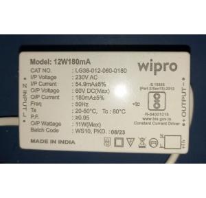 Wipro LED Driver Un:240V 50Hz, In:54.9mA, Pout:11W(Max), Iout:180mA, Uout:60V DC Model 12W180mA