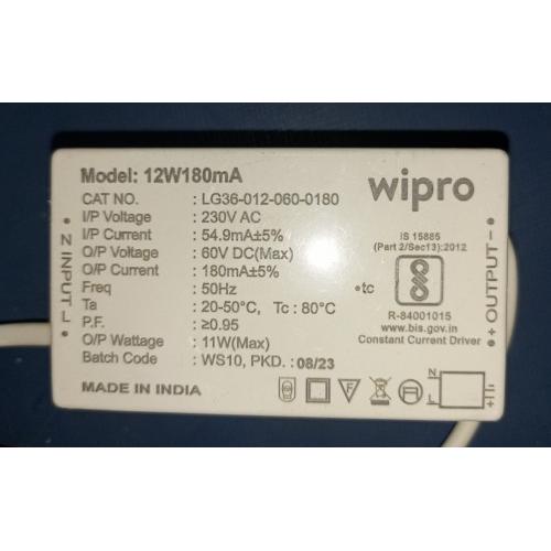 Wipro LED Driver Un:240V 50Hz, In:54.9mA, Pout:11W(Max), Iout:180mA, Uout:60V DC Model 12W180mA
