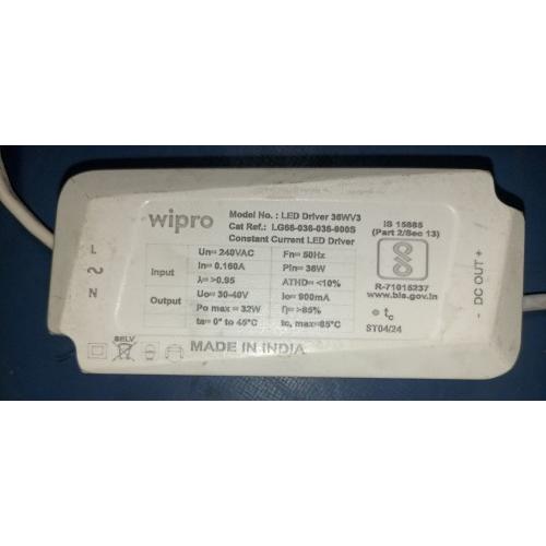 Wipro LED Driver Constant Current Un:240V 50Hz, PIn:36W, In:0.160A, Pout:32W(max), Iout:900mA, Uout:30-40V DC Model Led Driver 36WV3