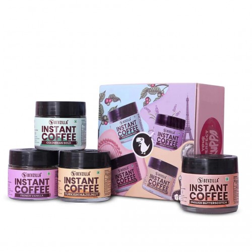 Bevzilla Instant Coffee Powder 25 Grams X 4 Pack of Colombian Gold, Turkish Hazelnut, French Vanilla & English Butterscotch