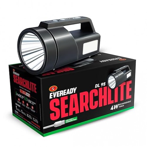 Eveready Searchlite DL95 4W Torch and 4W Emergency Sidelight 40000 Lumens Black