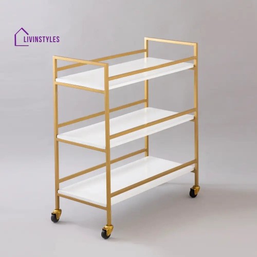 Kitchen Trolley Multi Purpose L29xW14xH35 Inch Golden MS Powder Coated 3 Feet